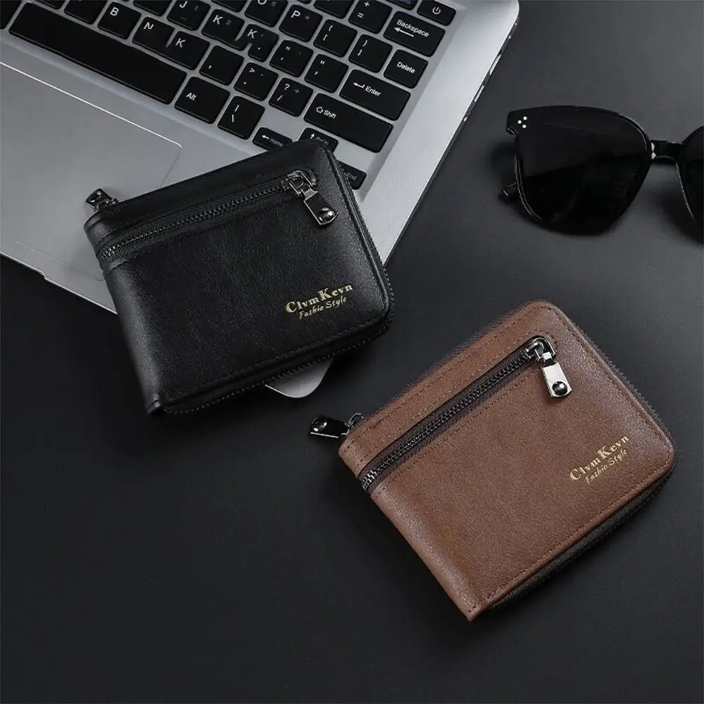 

Portable PU Leather Men Wallet ID Card Holder Zipper Men Purses Business Credit Card Thin Wallet for Men Girls