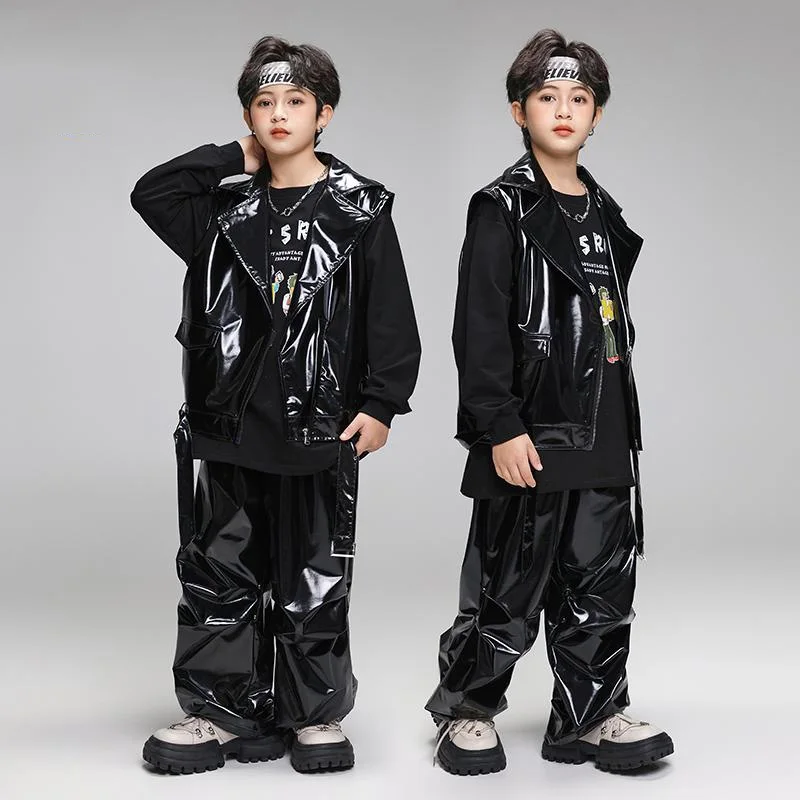 

Boys Hip Hop Costume Black Leather Vest Pants Street Dance Clothing Drum Show Outfits Kids Stage Clothes Jazz Dance Suit BL14177