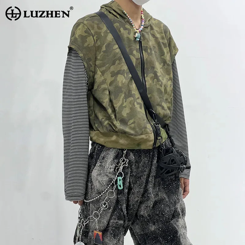 

LUZHEN Fake Two Piece Design Camouflage Printed Splicing Long Sleeve T Shirts Men's 2025 New Original Personalized Tops JY3059