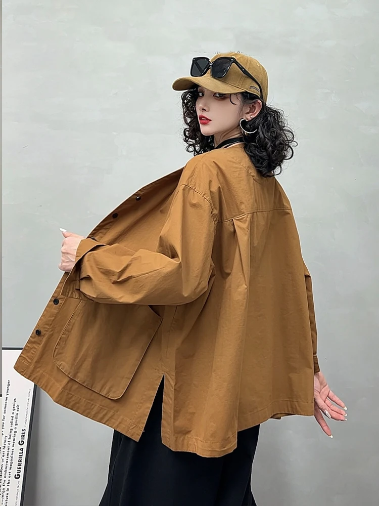 Amax LuluE Korean Design Classic Soild Jackets Females 2026 Spring Vintage Fashion Coats Womens Loose Leisure V Neck Outerwear