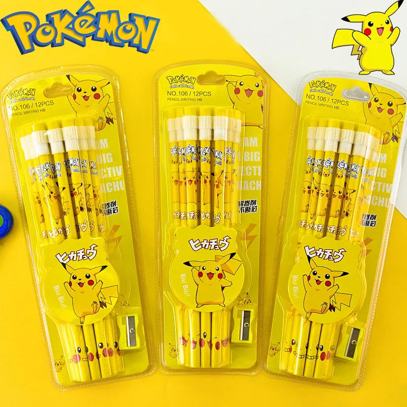 

12pcs/set Pokemon Anime Peripherals Pencil Pikachu Cartoon Study Stationery Supplies with Eraser Children Kawaii Pencil Gifts