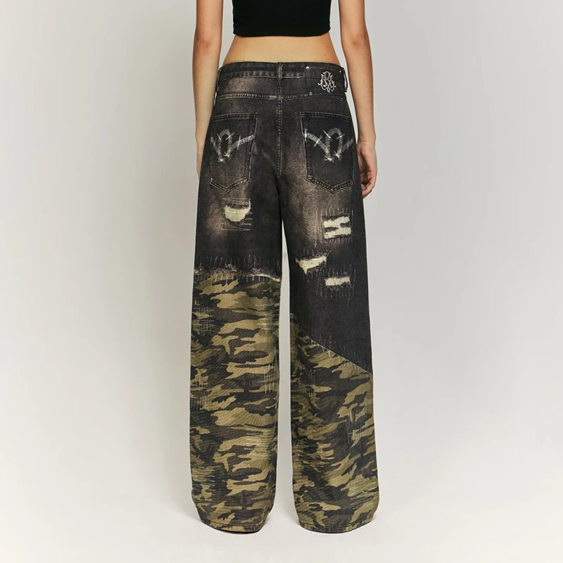 

American Style Retro Washed Camouflage Stitching Ripped Jeans Men & Women Trendy Hip-Hop Street Loose Wide Leg Mop Pants