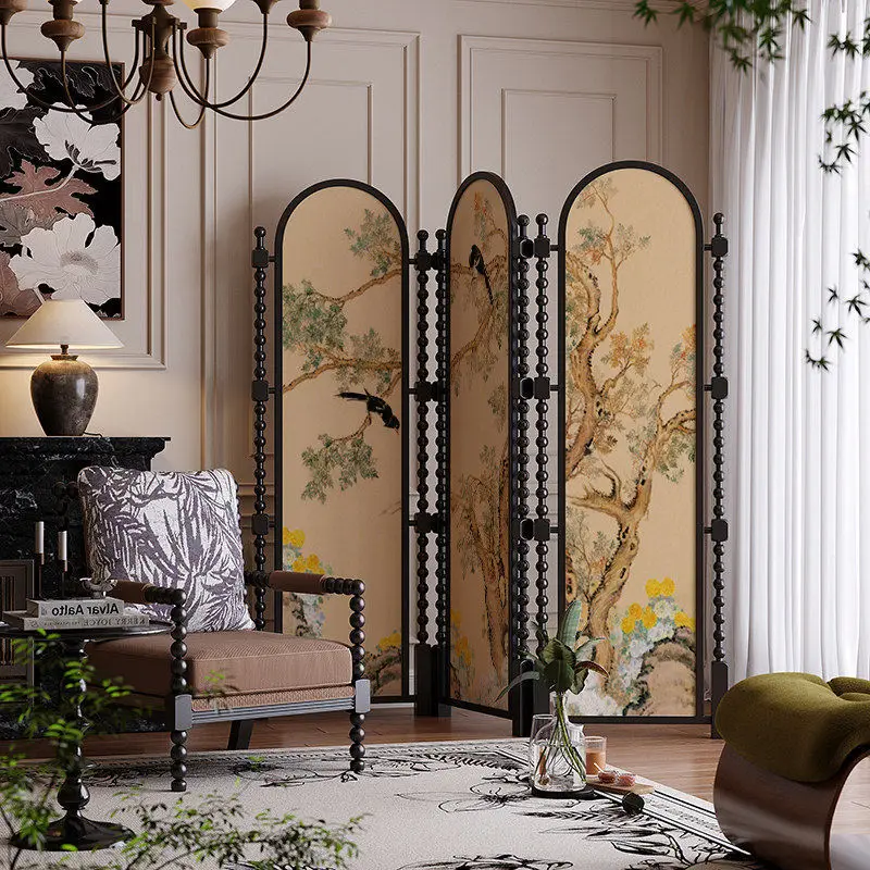 French Medieval Solid Wood Screen Partition Living Room Background Wall Bedroom American Porch Blocking Movable Folding Screen