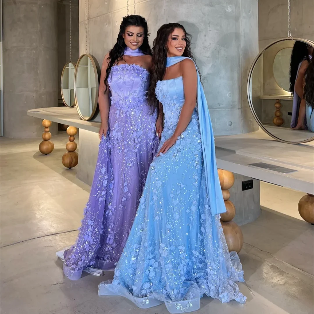 أنيقة قبالة الكتف ألف خط فساتين لحضور الحفلات الموسيقية ثلاثية الأبعاد زهرة الطابق طول فستان طويل بلا أكمام انفصال شال فستان حفلات الزفاف مخصص