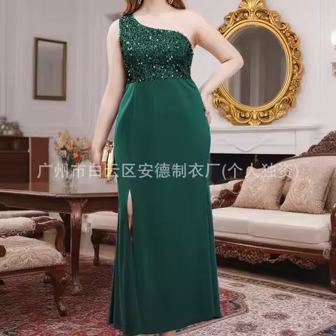 Large Size Dress, Elegant One Shoulder Sequin Evening Dress, High Waisted Bridesmaid Dress Party Summer Elegantes Casual Y2k