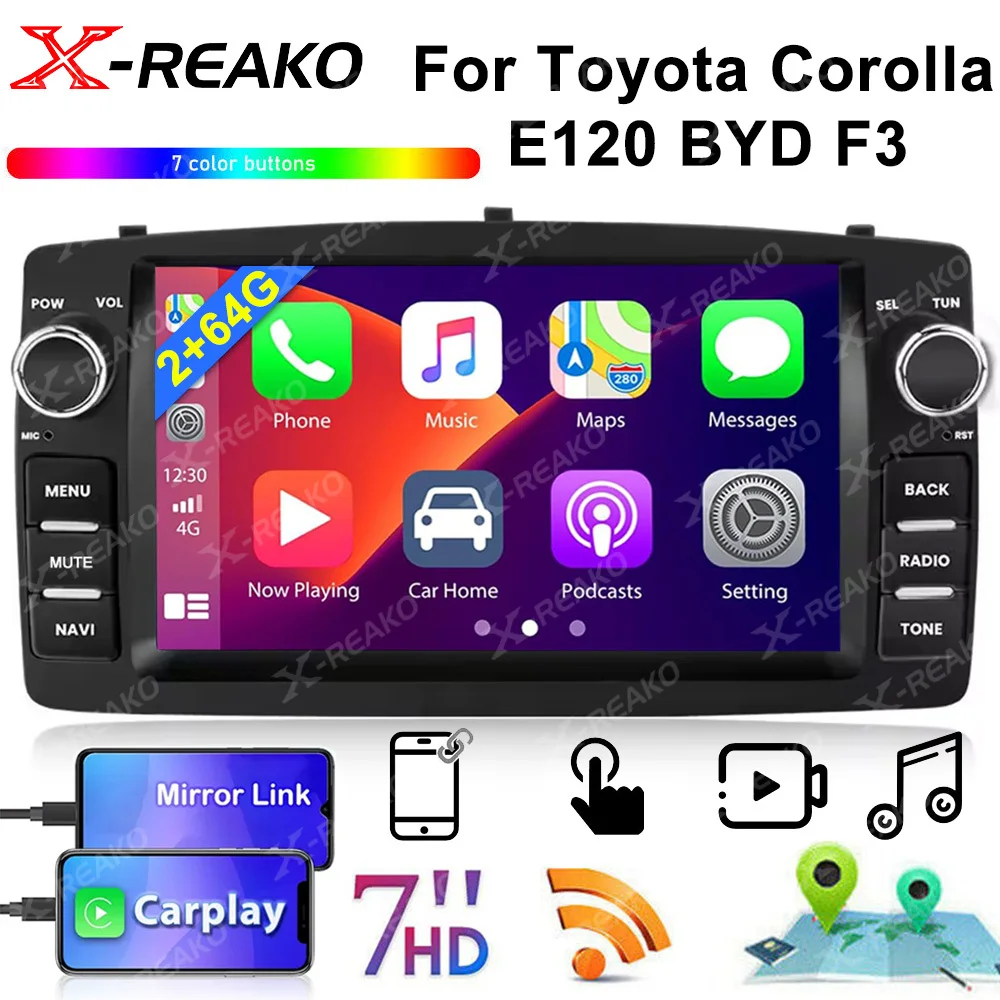 

X-REAKO 2 Din автомобильный радиоприемник для Toyota Corolla E120 BYD F3 беспроводной CarPlay Android авто мультимедийный плеер GPS 7-дюймовый автомобильный стерео 4G