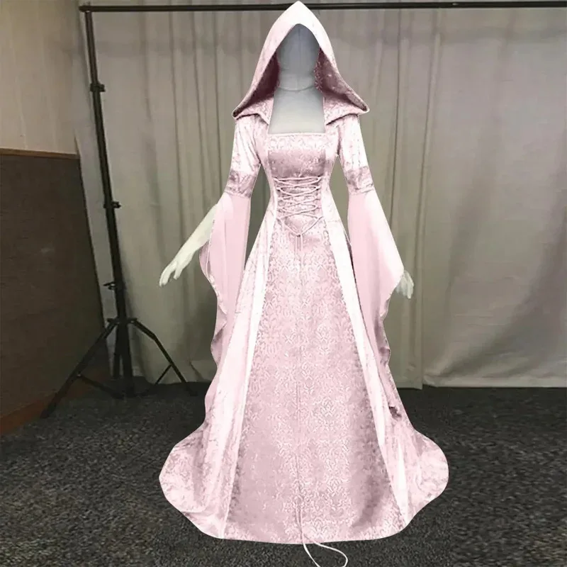 Abito da strega di lusso con cappuccio per donna, abito medievale rinascimentale, strascico maxi, costume da sposa, Halloween