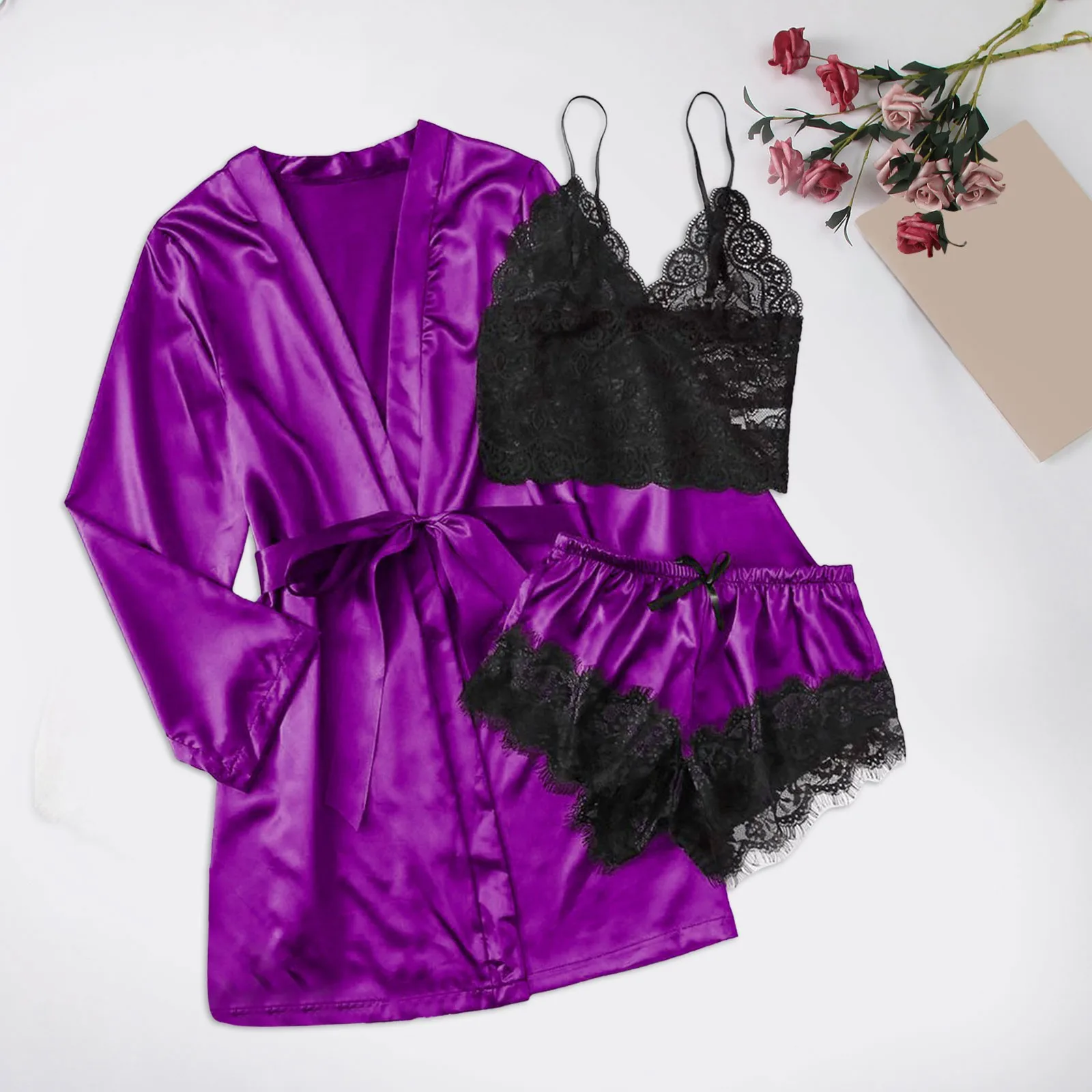 2024 Sexy Women\'s Pajamas Satin 3-piece Lace Silk Suspender Tops Shorts Robe Pajamas Set Nightgown Underwear Nightdress Suit