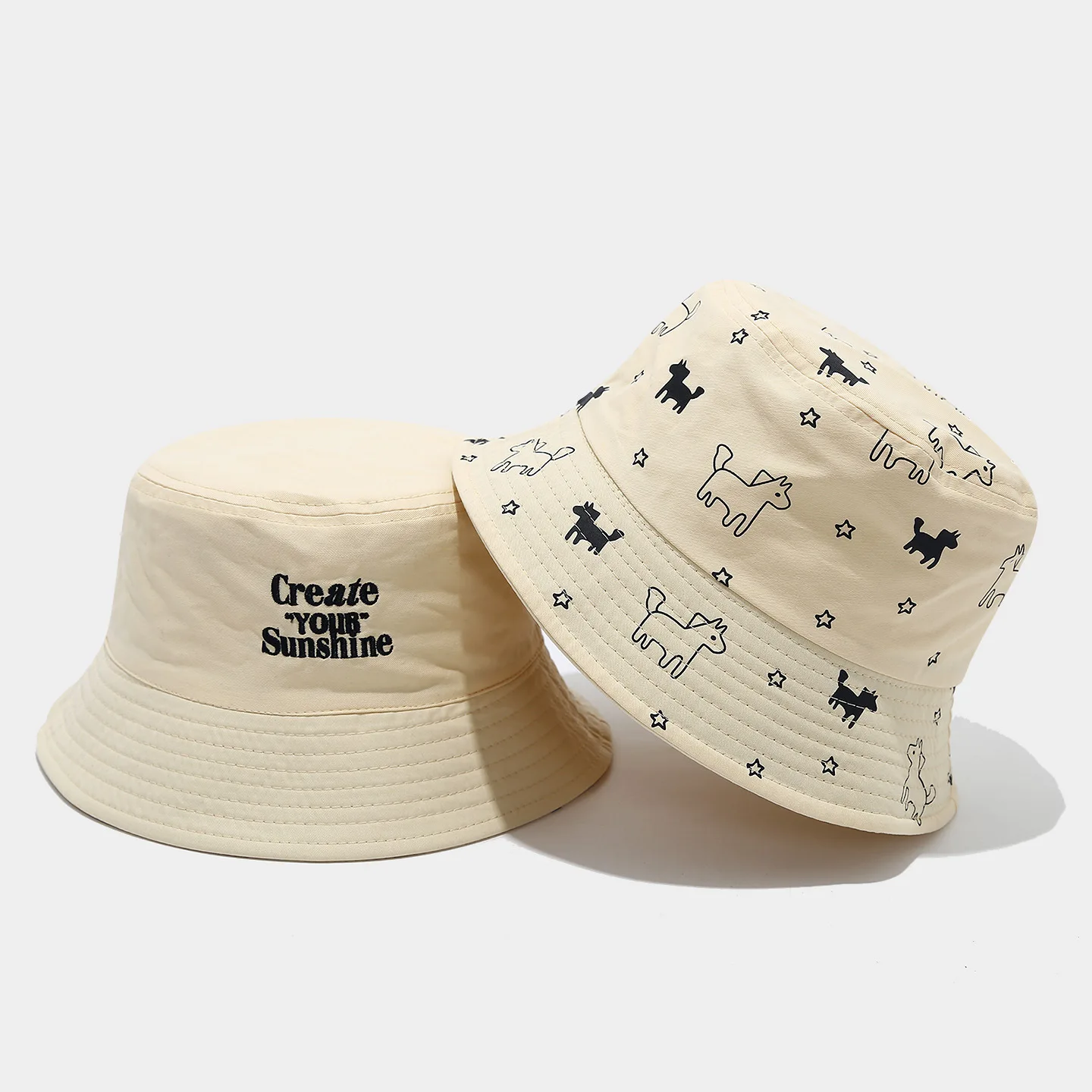 Women's Sun Bucket  Cap Letter Embroidered with Double-sided Travel Fisherman Hat Universal Cotton Sun Protection Outdoor Summer