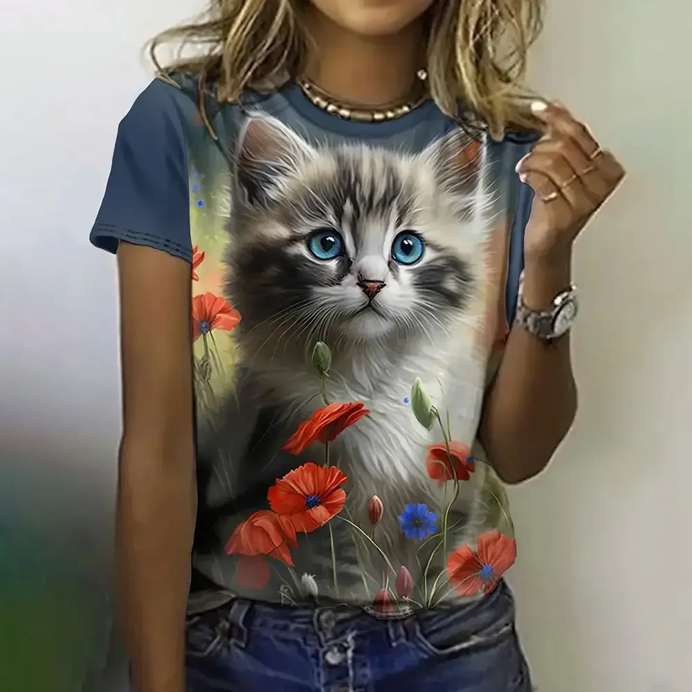 女性用3D猫柄Tシャツ,半袖トップス,カジュアル原宿ファッション,ルーズなストリートスタイル,楽しい動物パターン