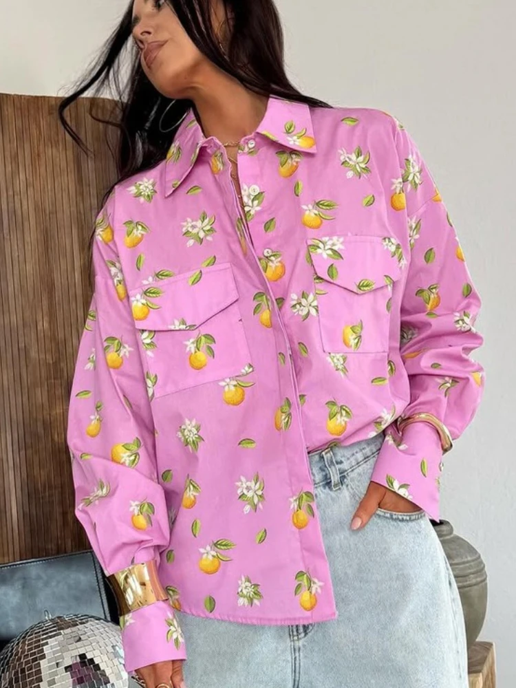 

Tossy Printed Casual Fashion Women's Shirt Turn-Down Collar Long Sleeves Pocket Loose Contrast Clothes For Women Autumn Shirts