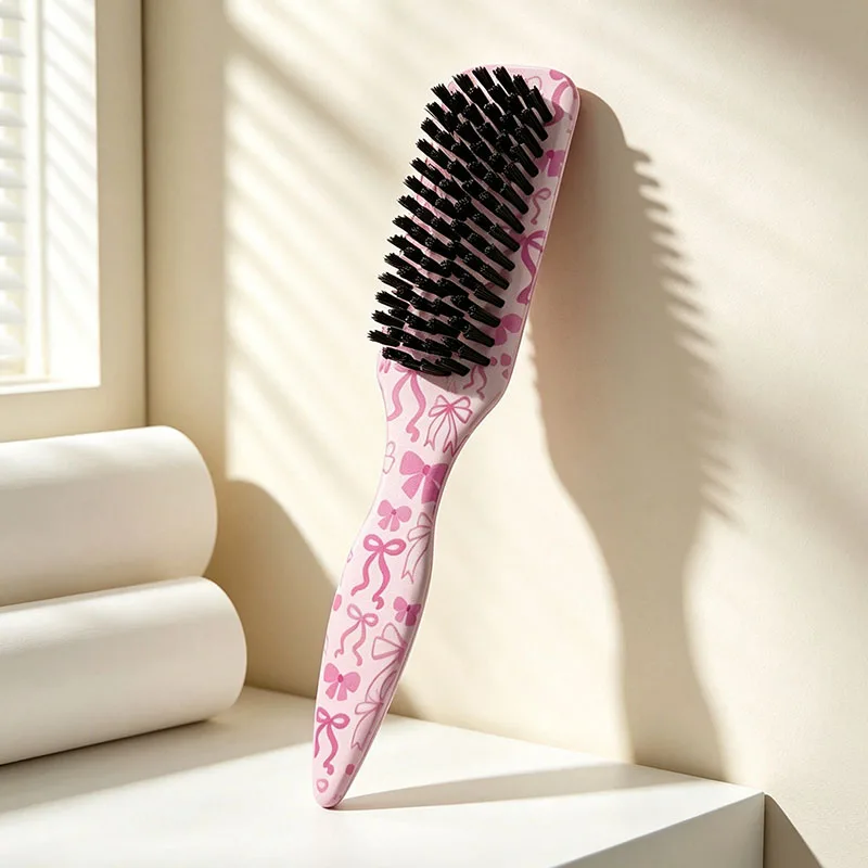 1pc Slick Back Hair Brush，Pink Bow Pattern ,Smoothing Brush for Smooth Flyaways, Frizz, Sleek Ponytail, Buns and Edge Hair Contr