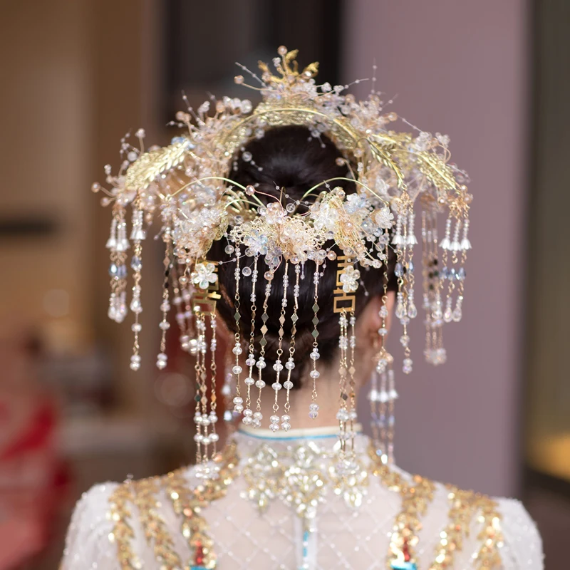 Hanfu chinês antigo traje headdress xiuhe roupas estilo étnico ouro borla redondo acessórios de cabelo