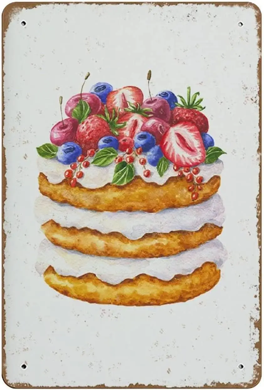 Metal Tin Sign ; Cake with Berries Poster Dessert Print Delicious Hand Drawn Food Pastry Wall Art Home Kitchen Wa-aluminum
