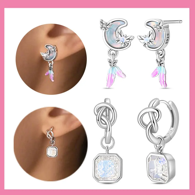 

925 Sterling Silver Fantasy Colorful Sugar Cube Moon Feather Tassel Hoop Earrings Wedding Anniversary Jewelry Gift for Women