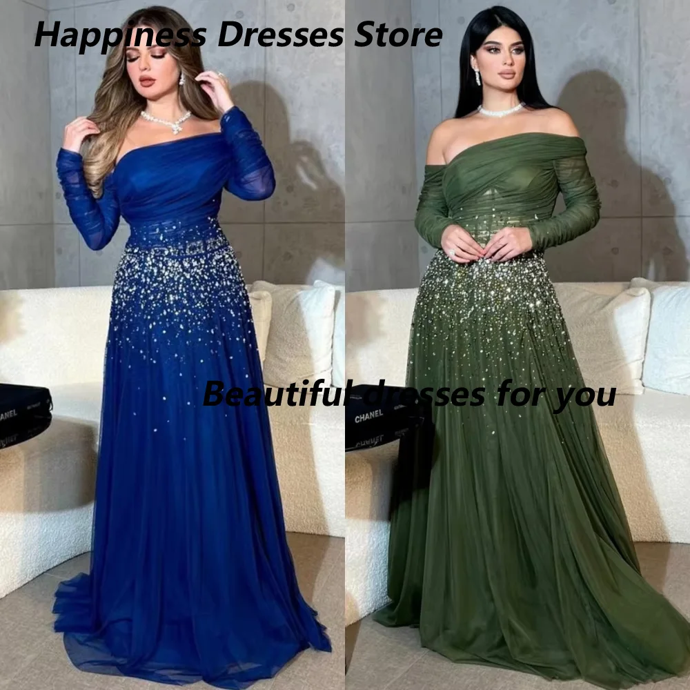 Vestidos de noche elegantes personalizados con hombros descubiertos, lentejuelas, mangas largas, vestidos de fiesta hasta el suelo, vestidos de fiesta de Arabia Saudita ﻿