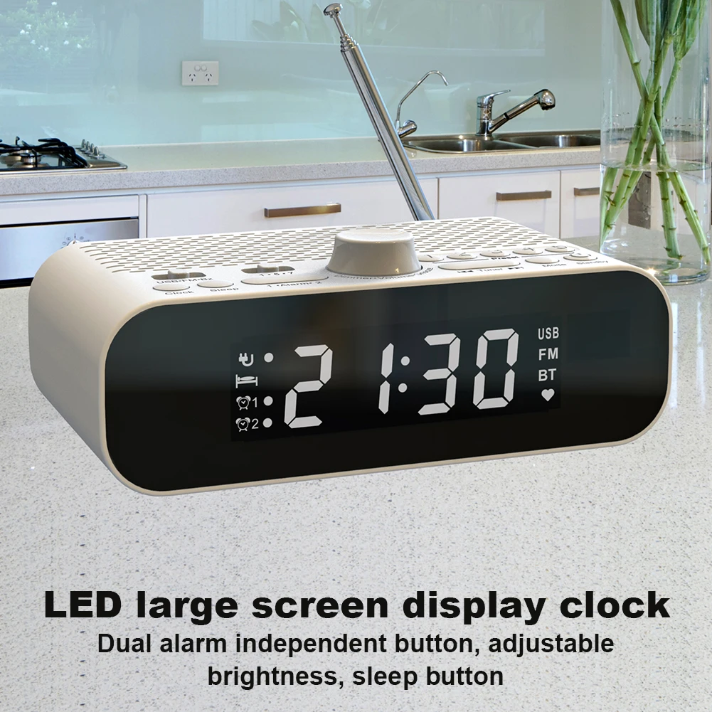 Portable FM Radio Bluetooth 5.0 Speaker MP3 Player with LED Digital Display Support U Disk Dual Alarm Clock Power-off Memory