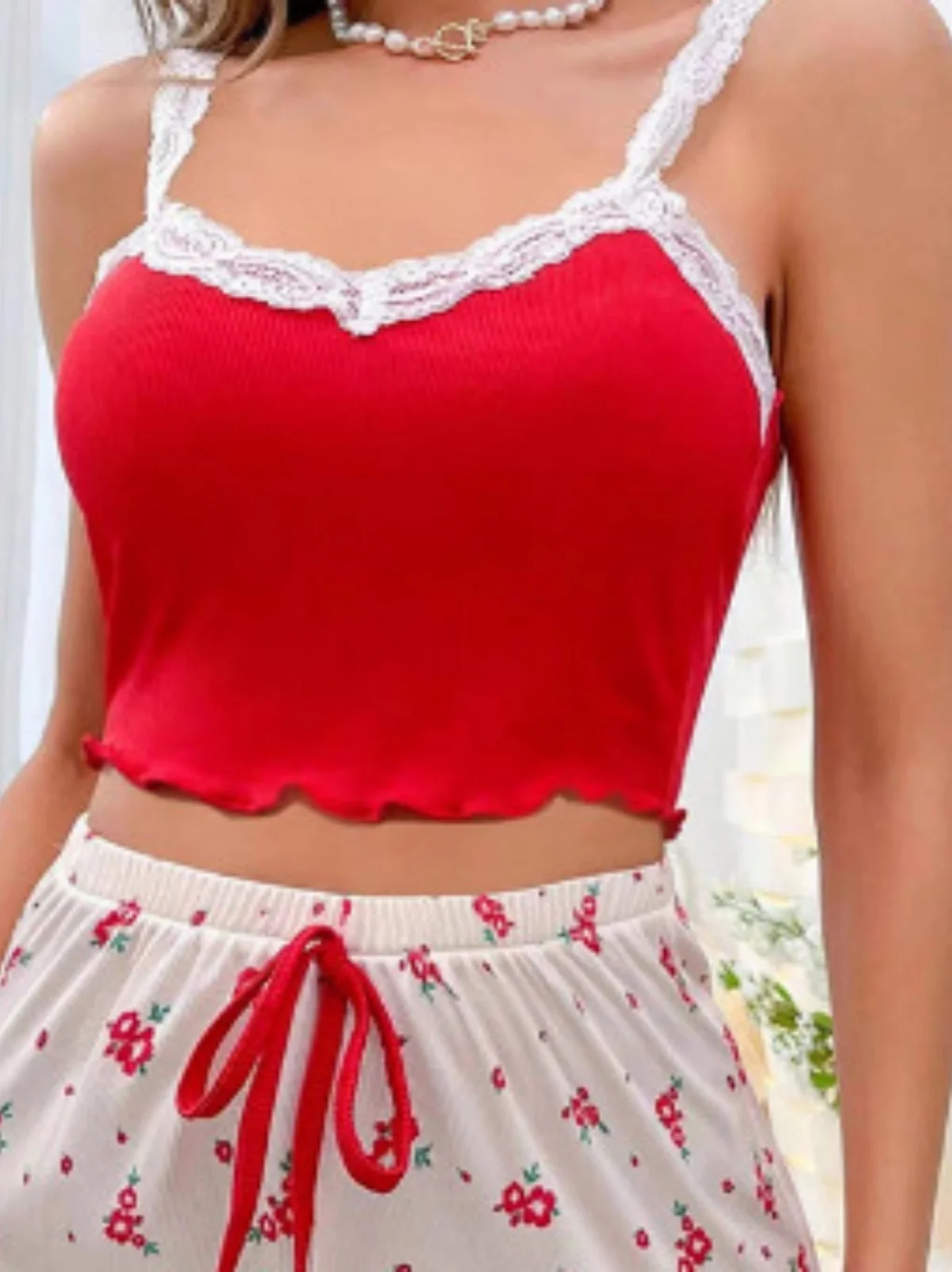 

One set of women's sexy lace trim camisole and panties two-piece pajamas