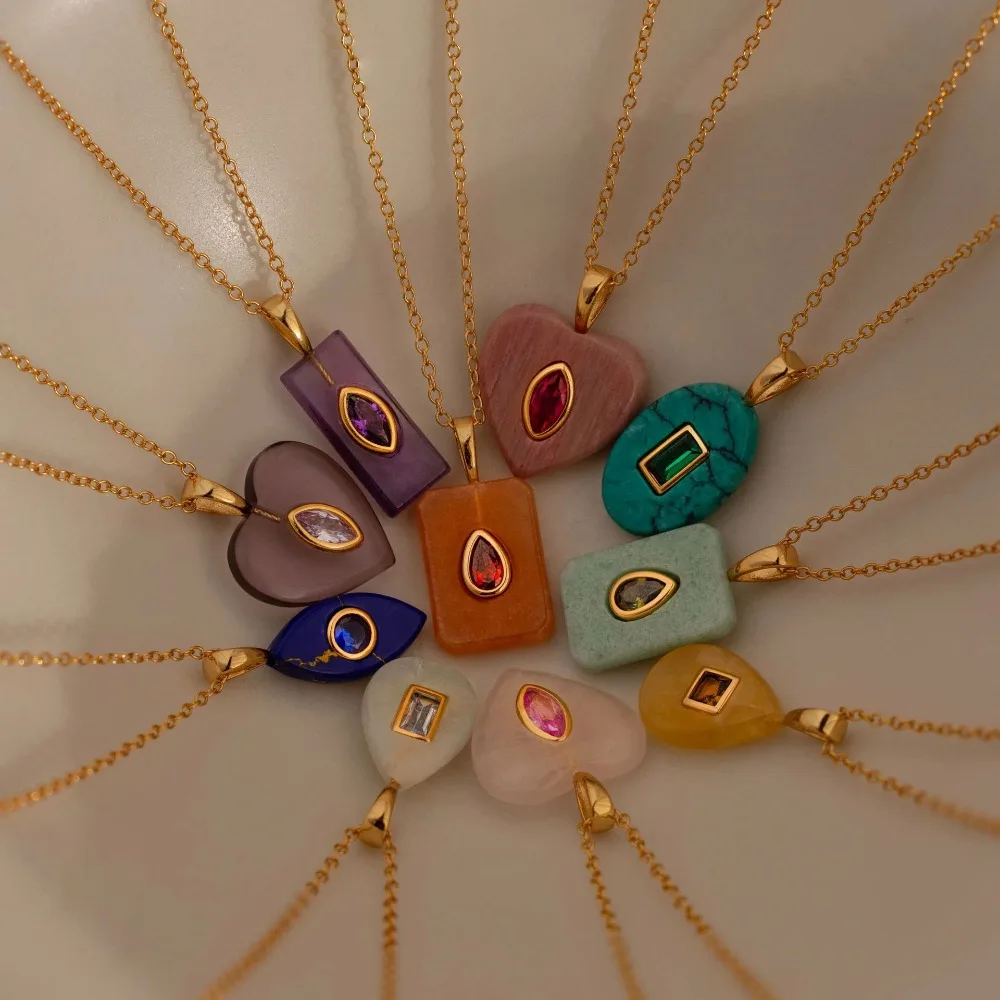 

Gold Plated Natural Stone Pendant Necklace, Mixed Shape with Inlaid CZ Gemstone, Birthstone Inspired Dainty Jewelry for Women