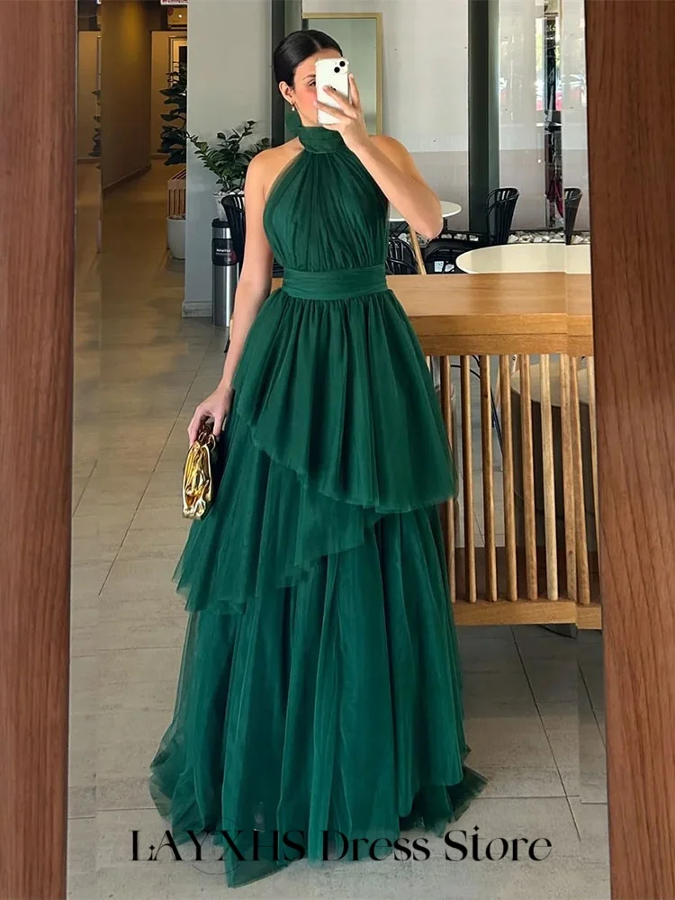 

LAYXHS Elegant Halter Evening Dresses Backless Tulle A-line Tiered Women Formal Prom Dress Customized فستان سهرة نسائي