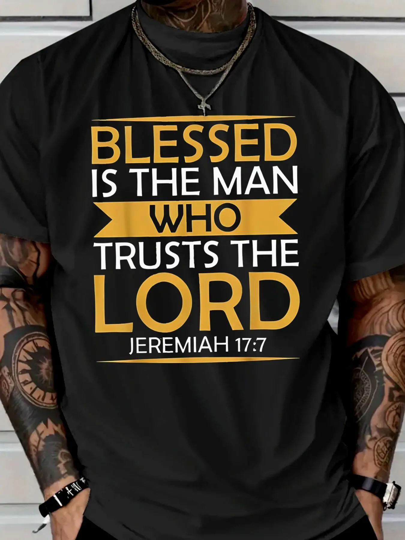 

Men's cotton short-sleeved casual T-shirt with the verse from Jeremiah 17:7 printed on it, a Christian T-shirt
