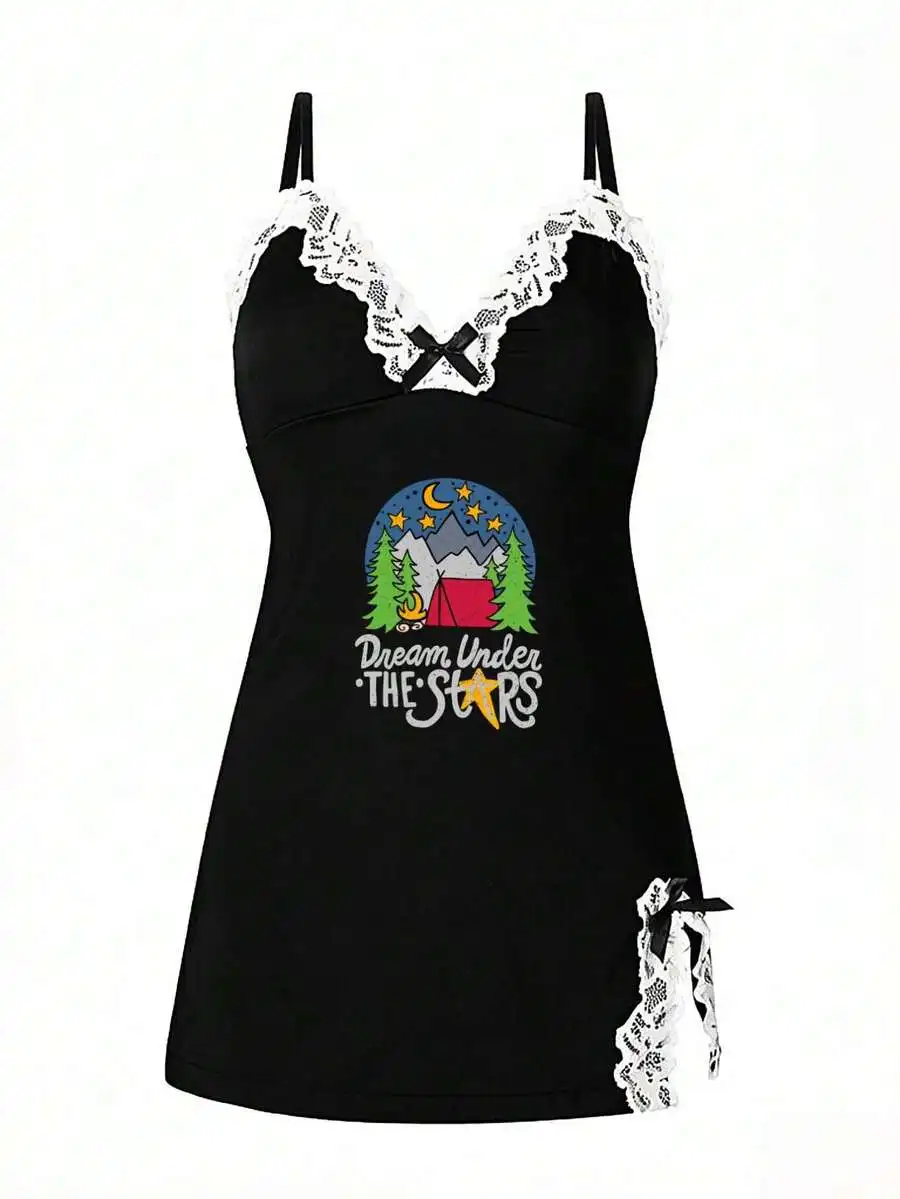 

Womens Lace Trim V-Neck Sleeveless Nightgown With Camping Print Sleepwear