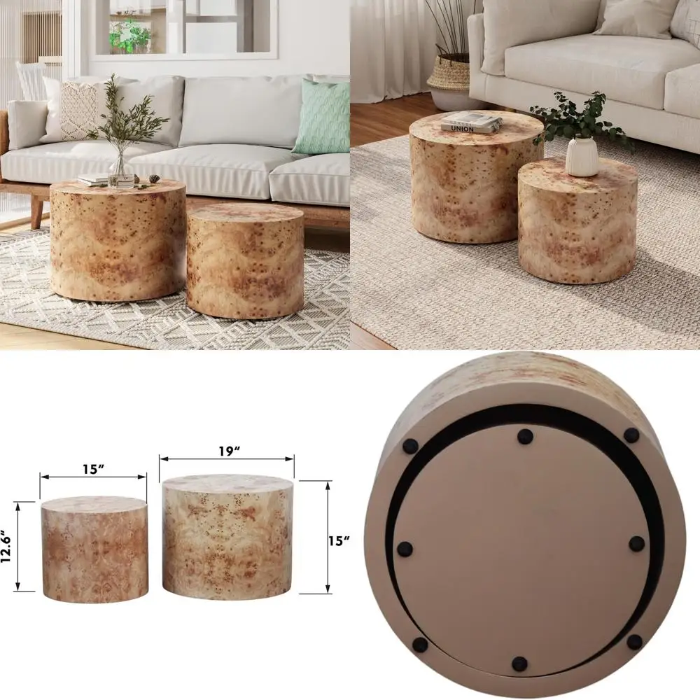 

Modern Round Wood Nesting Coffee Tables Set of 2, Small Circle Living Room Drum Style, Natural Finish, Easy Assembly.