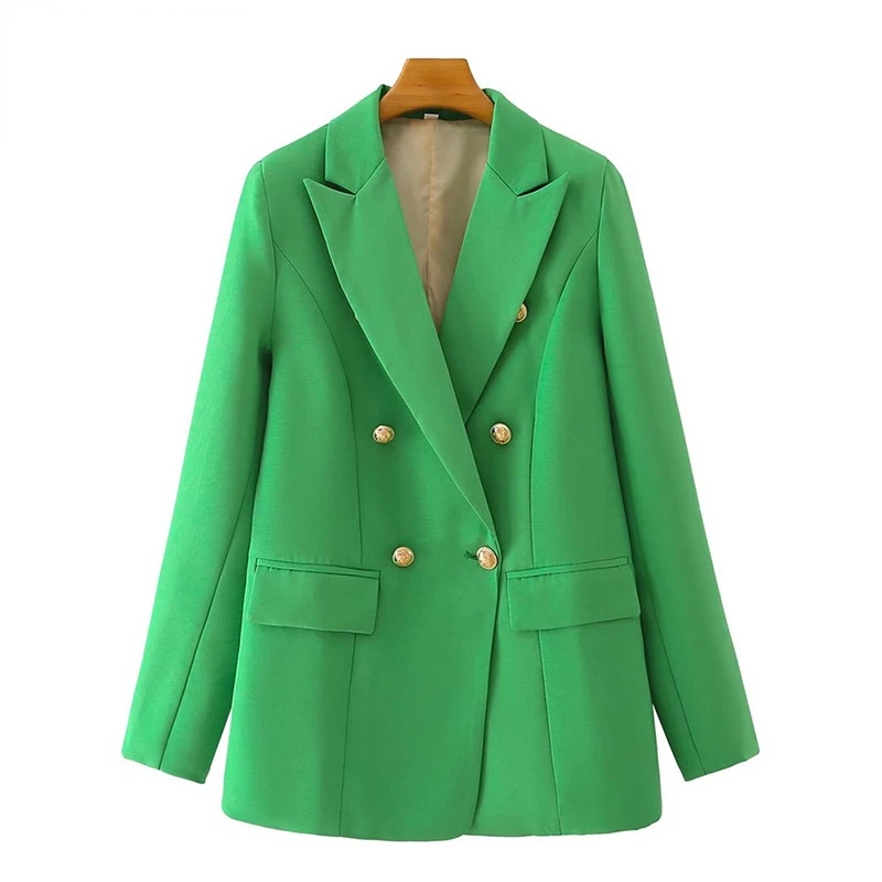 TRAF Women Fashion Double Breasted Candy Color Blazer Coat Vintage Long Sleeve Flap Pockets Female Outerwear Chic Veste