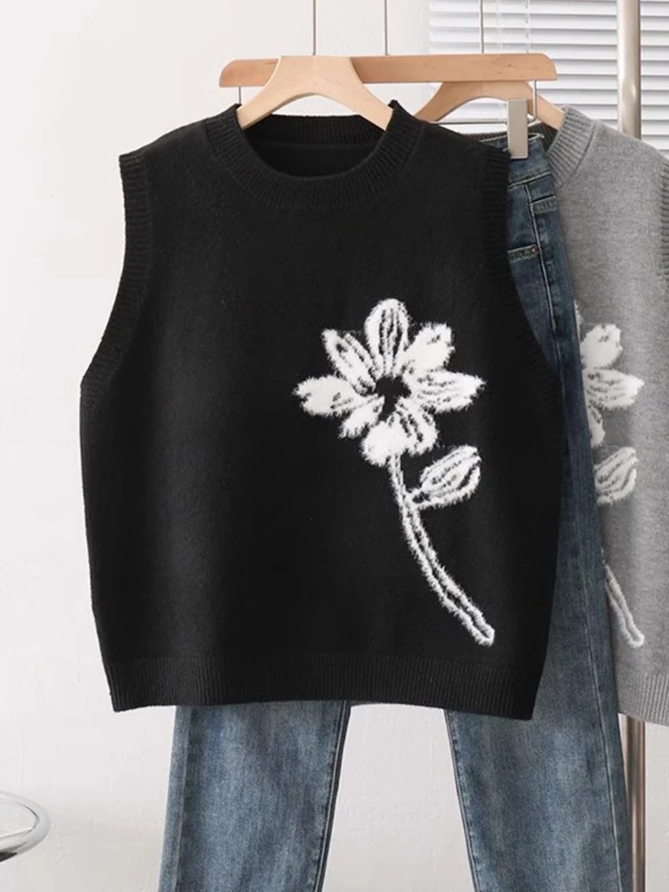 

Ele Embroidered Flower Knitted Vest Loose Fit Svel Overalls Women's Faionable Autumn Top round Ne Pullover