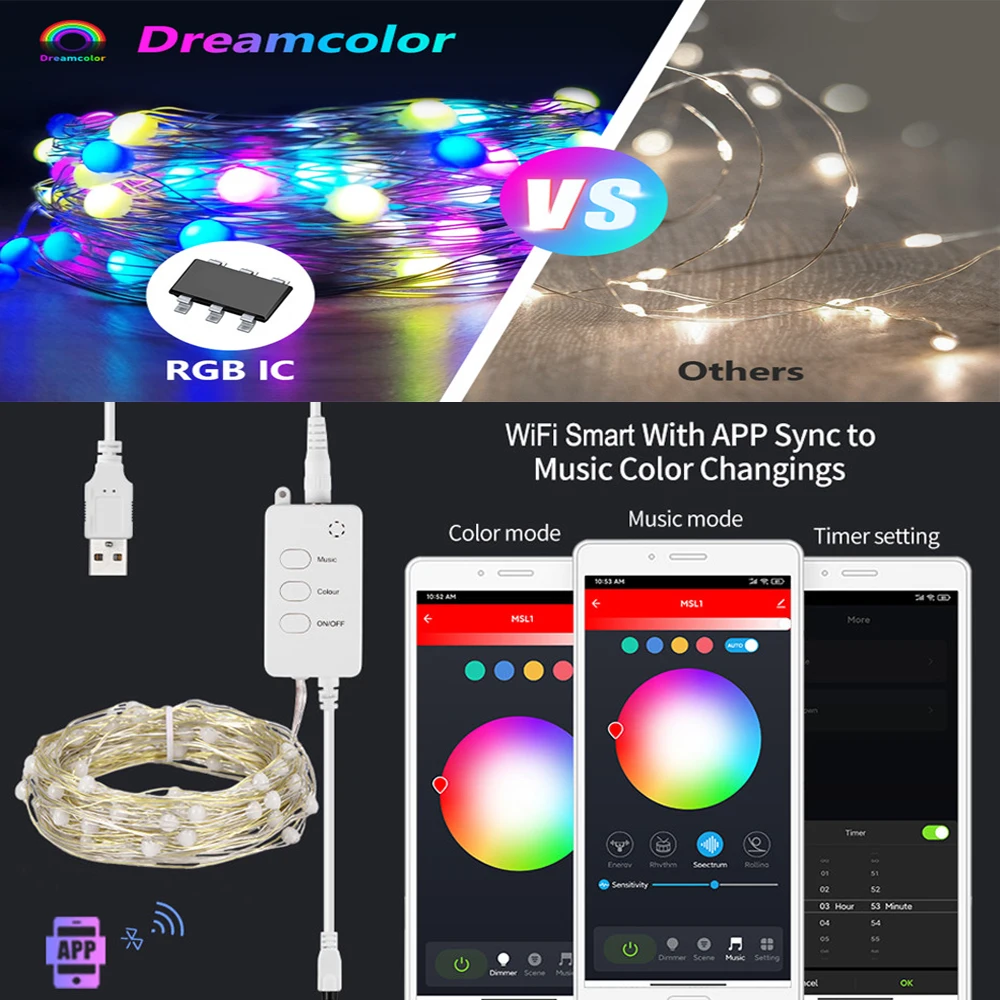 Luces de hadas inteligentes para exteriores, guirnalda de luces RGB a prueba de agua con WiFi, Control por aplicación USB, música, con Alexa y