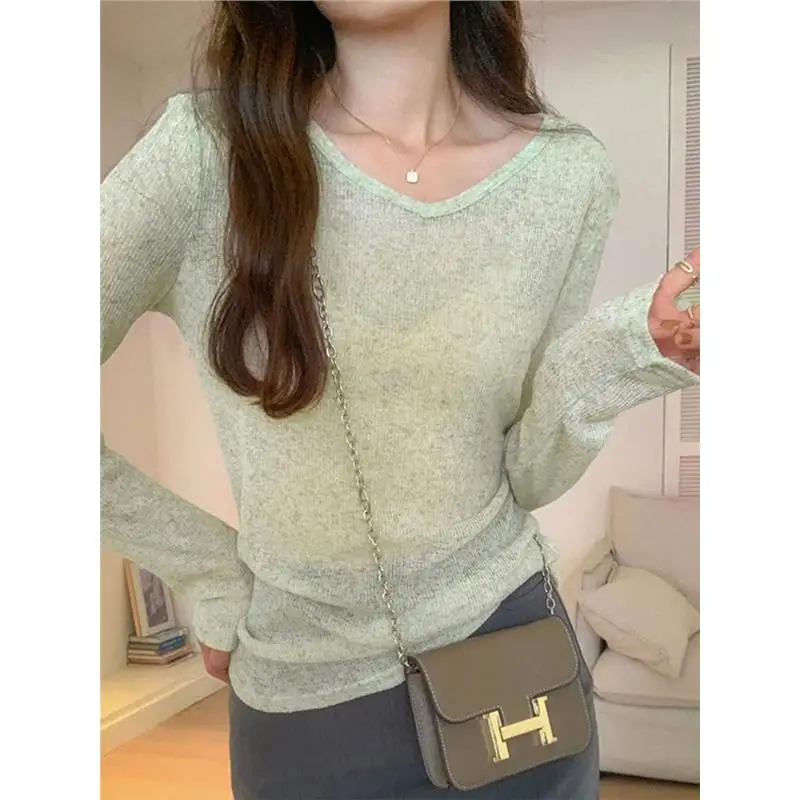 

Retro American Loose Fit Long Sve V-Ne Women's T-irt Thin Chic Cover up Spring Autumn New Sle Cotton Pure Color