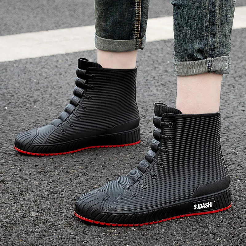 

New Rubber Man Boots Trend Men Rain Boots Platform Outdoor Shoes Slip on Waterproof Work Mens Booties Soild Shoes Bota Masculina