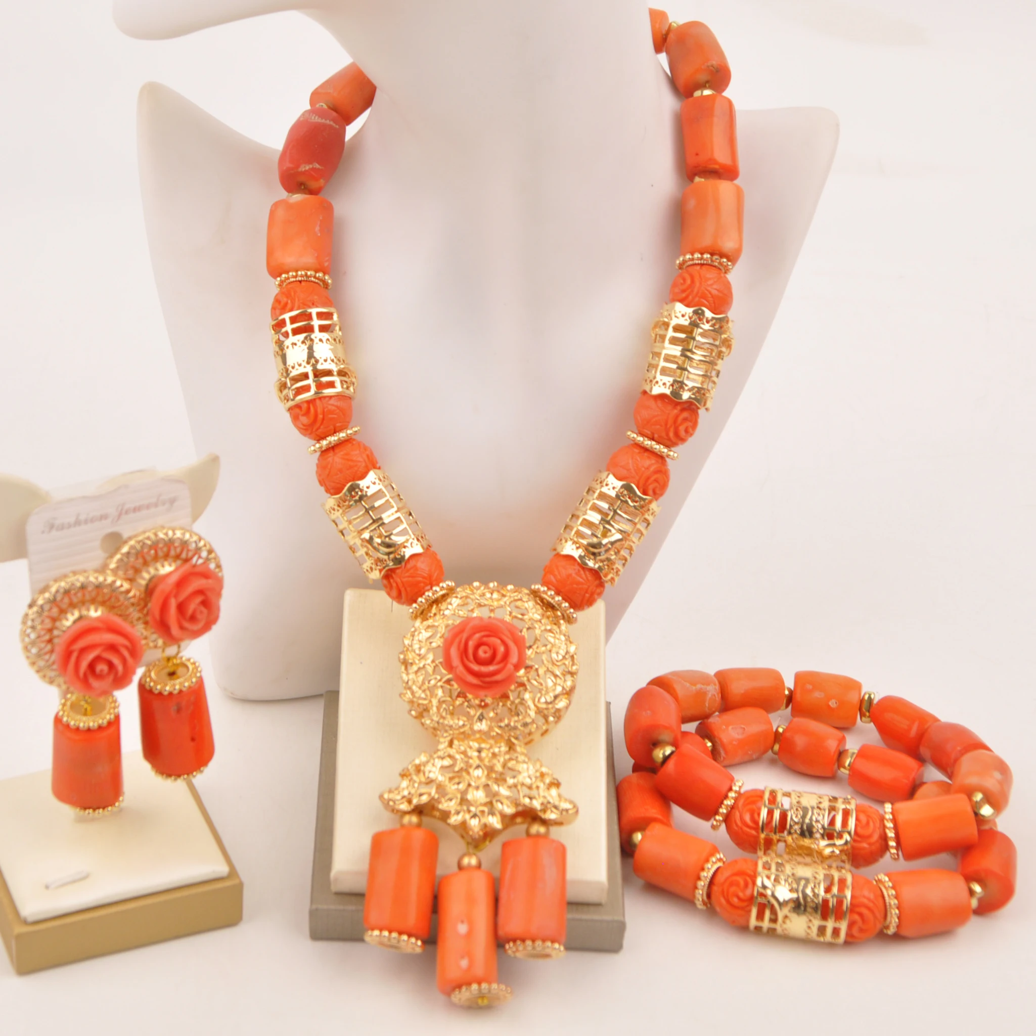 

African Coral Necklace Orange Nigerian Bride Wedding Jewelry Sets