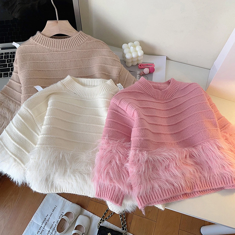 

Baby Girls Solid Sweaters Spring Autumn Fluffy Cute Pullovers Children Round Neck Knitted Top Kids Warm Comfort Sweater Costumes