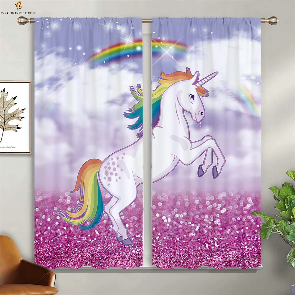 Pink Unicorn Rainbow Cartoon Print Curtains Kids Children's Room Decoration Window Curtains Easy To Wash And Care 2 Pieces