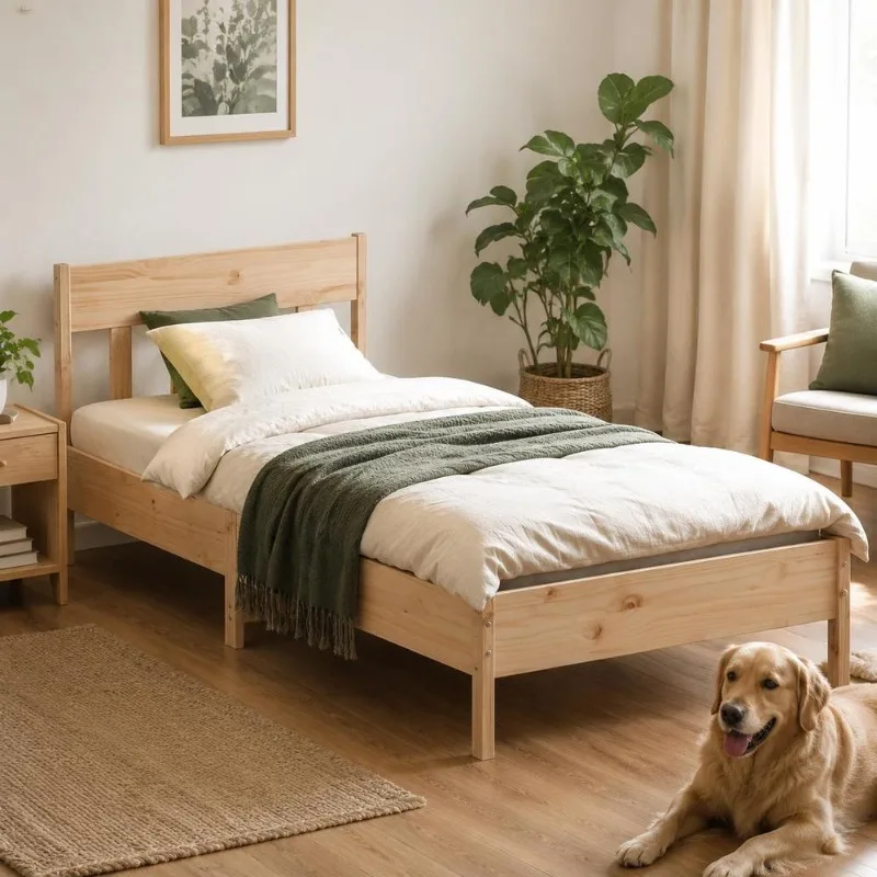 Cadre de lit en pin massif 75 x 190 cm avec sommier à lattes en contreplaqué, design classique rustique pour chambre principale, studio et intérieur familial, assemblage complet avec outils