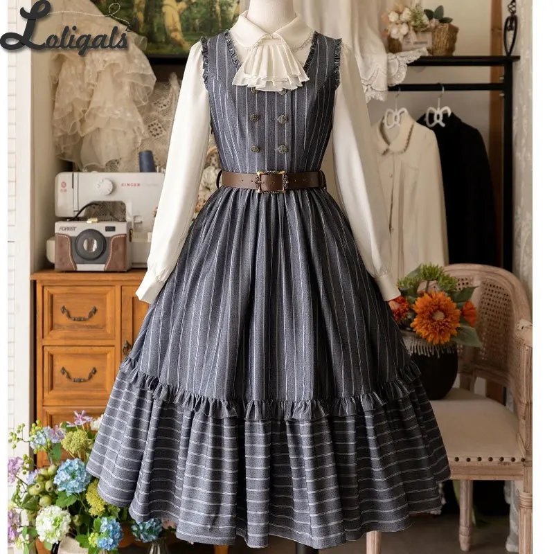 Klassieke mouwloze dubbele rij knopen lange zoete retro gestreepte Lolita casual feest JSK-jurken ~ Little Manor