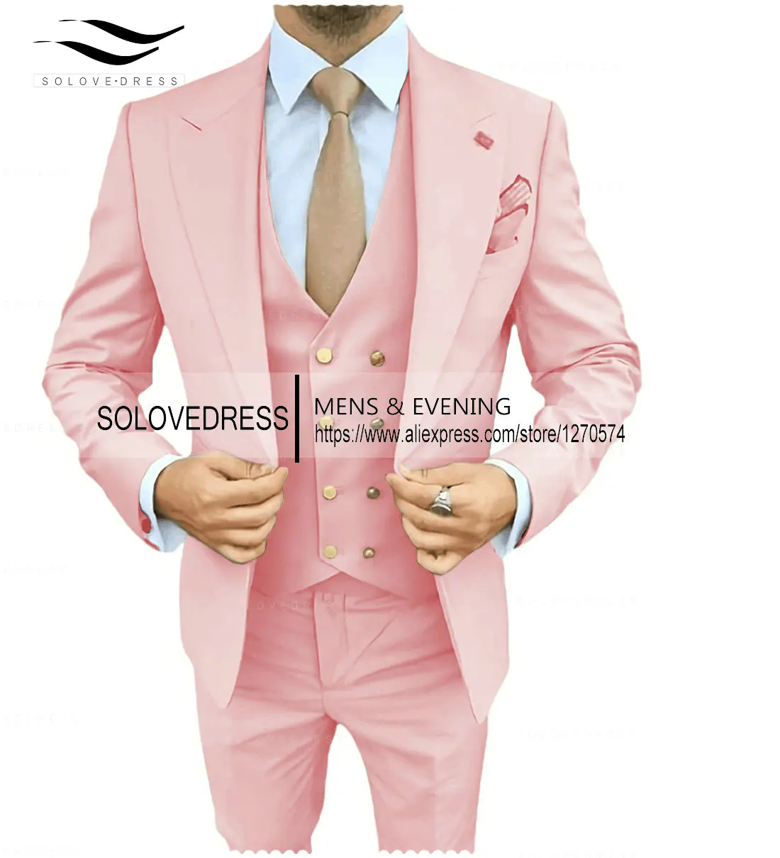 Men's Three Piece Business Suit Double Breasted Peak Lapel Formal Wedding Party Suits Groom Tuxedos（Blazer+Vest+Pants）