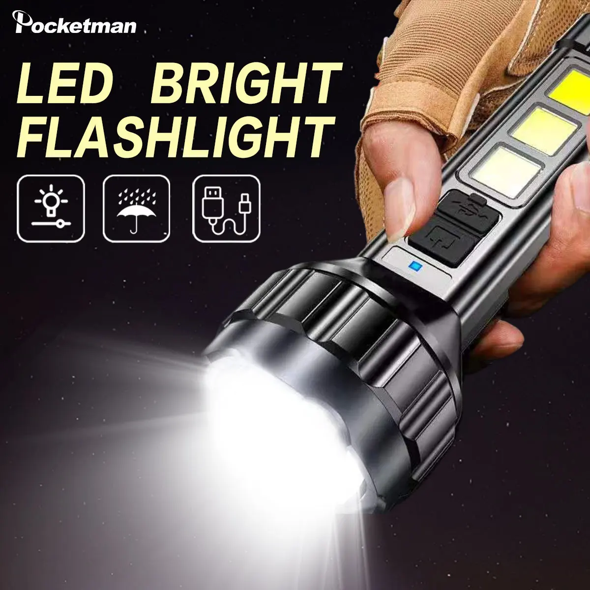 Strong Light USB Rechargeable Flashlight COB Side Light Handlight 3 Lighting Modes Lamp Outdoor Camping Torch Powerful Lantern