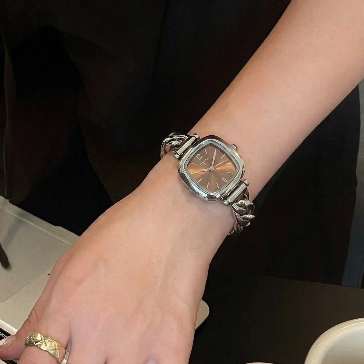 CILOA Retro Sugar Square Women's Watch, Caramel Brown Gradient Dial, Metal Chain Elegant Commute Quartz Wristwatch