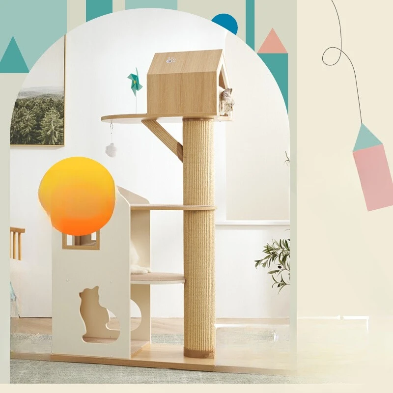 Cat climbing frame, color matching solid wood cat furniture, cat nest sisal column