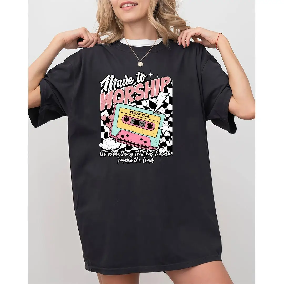 

Women's Christian T-shirt Made to Worship Faith Graphic Tee Crew Neck Summer Casual Praise the Lord Top