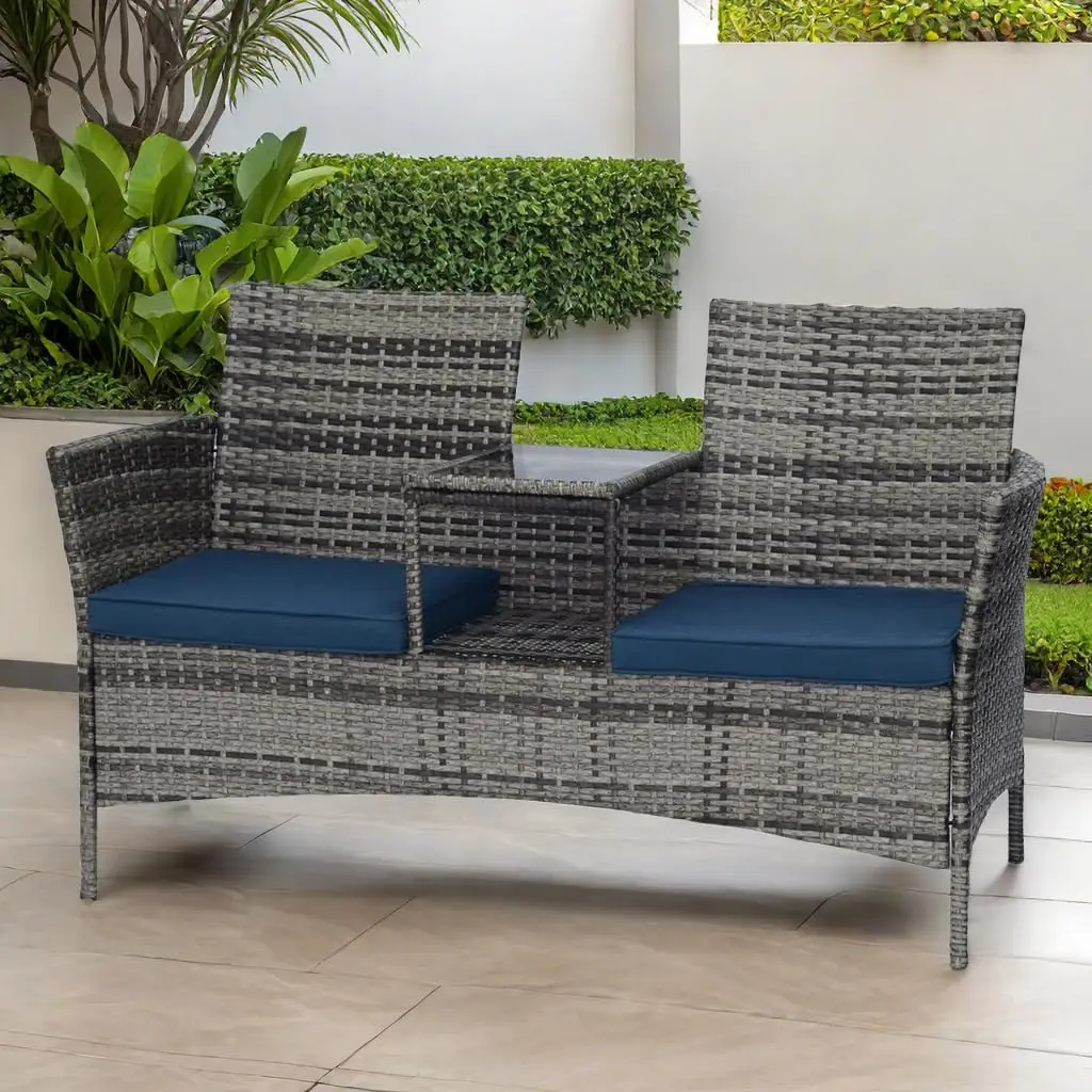 

Patio Conversation Furniture Set Outdoor Patio Loveseat Rattan Chair Set with Cushions and Built-in Coffee Table Porch Furniture