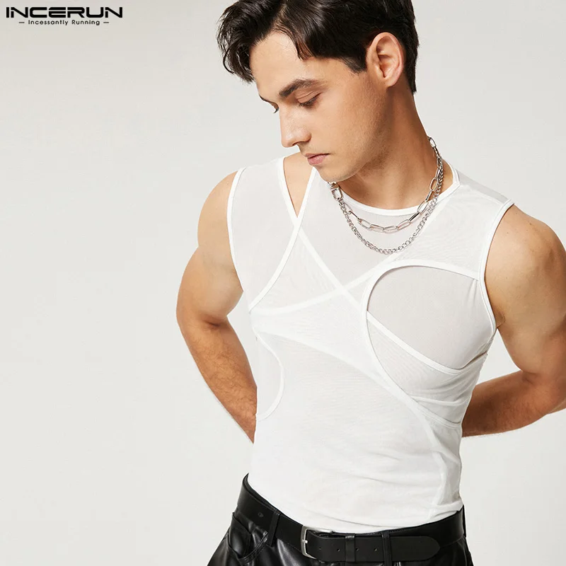 INCERUN Men Tank Tops Hollow Out Mesh Transparent Streetwear Solid O-neck Sleeveless Vests Men 2023 Sexy Party Nightclub Tops