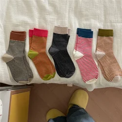 Korean Style Striped Women Socks Autumn Winter Knitting Cotton Harajuku Vintage Crew Socks College Style School Girls Long Socks