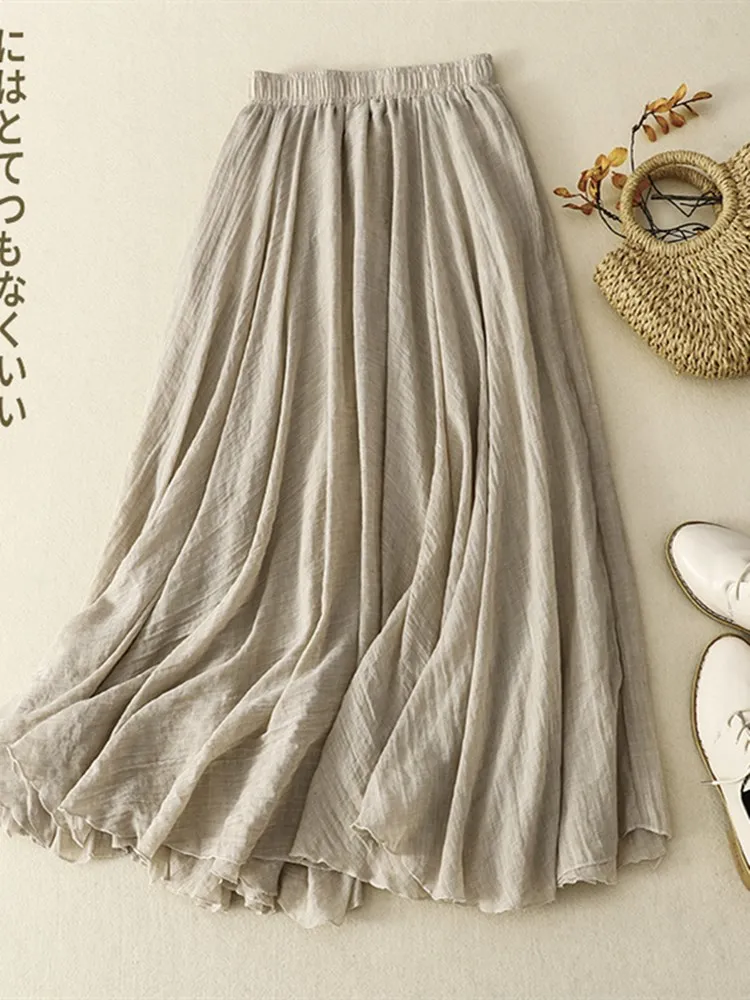 

Льняная юбка миди А-силуэта из хлопка для женщин, летняя, тонкая, универсальная, стройнящая, в стиле фэйри, с высокой талией, однотонная, для повседневной носки