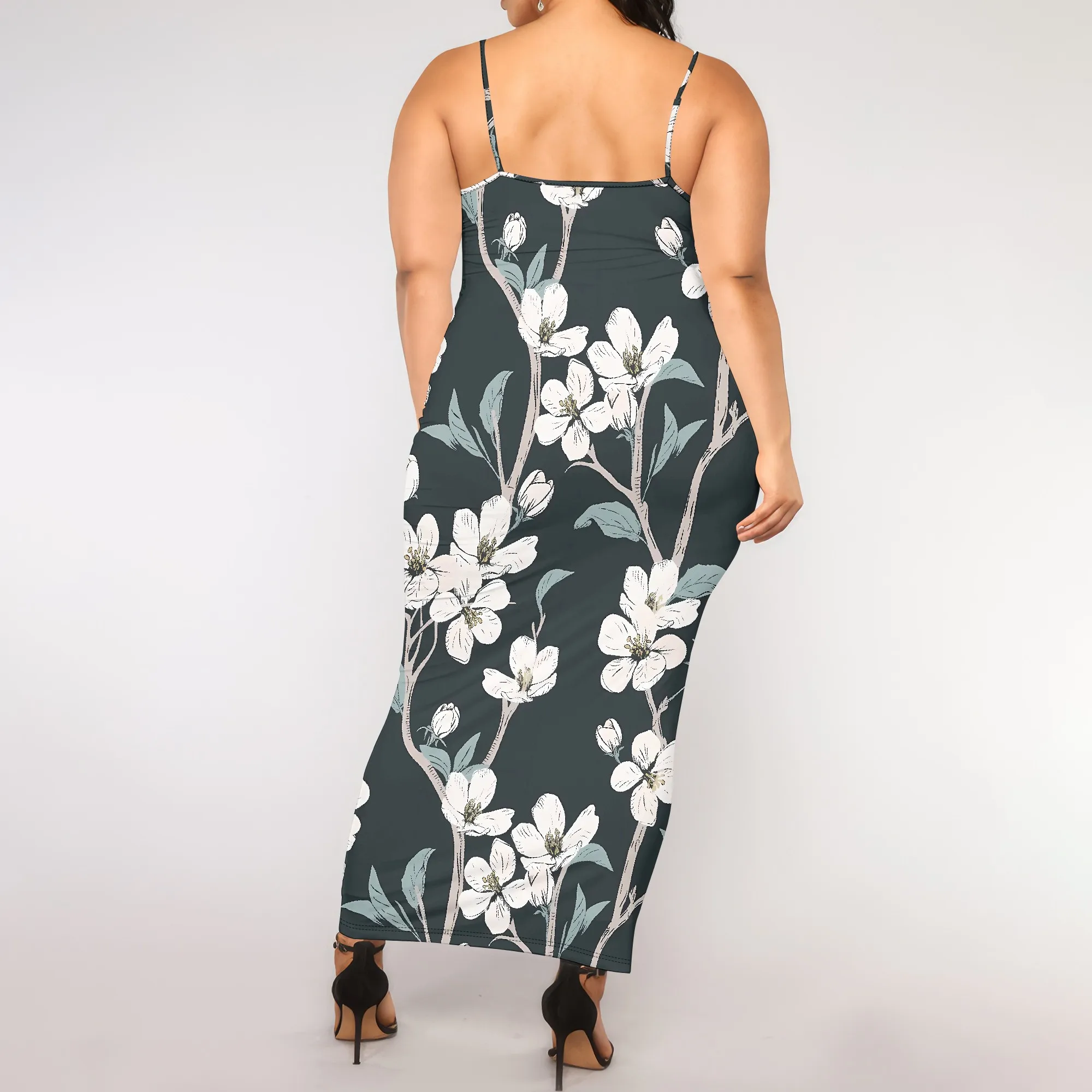 ชุดเดรสแม็กซี่เดรสขนาดบวกพร้อมเดรสลําลองแขนกุดพิมพ์ลายดอกไม้สีขาวฤดูร้อน