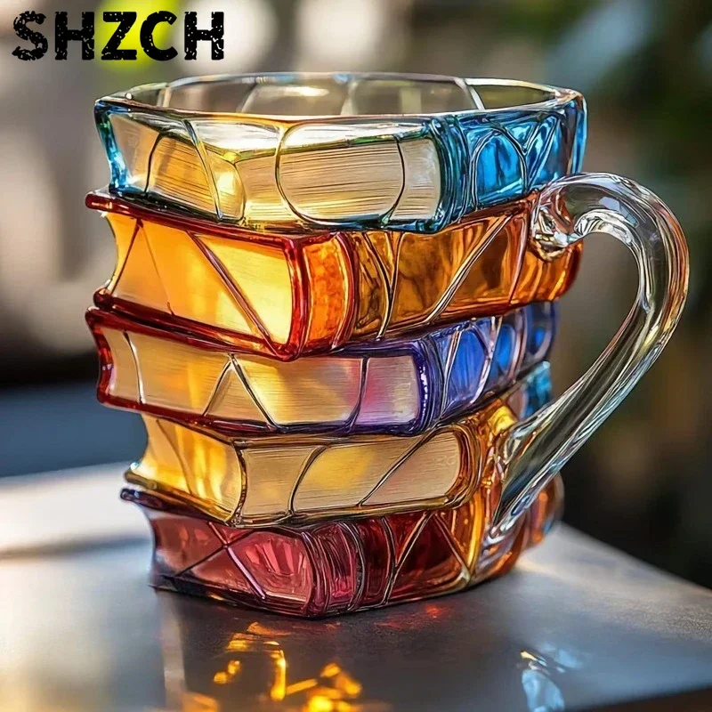 3d Painted Books Coffee Mug, Colorful Acrylic Books Stack Shaped Coffee Cup Gifts for Book Lovers Readers Librarians Writers