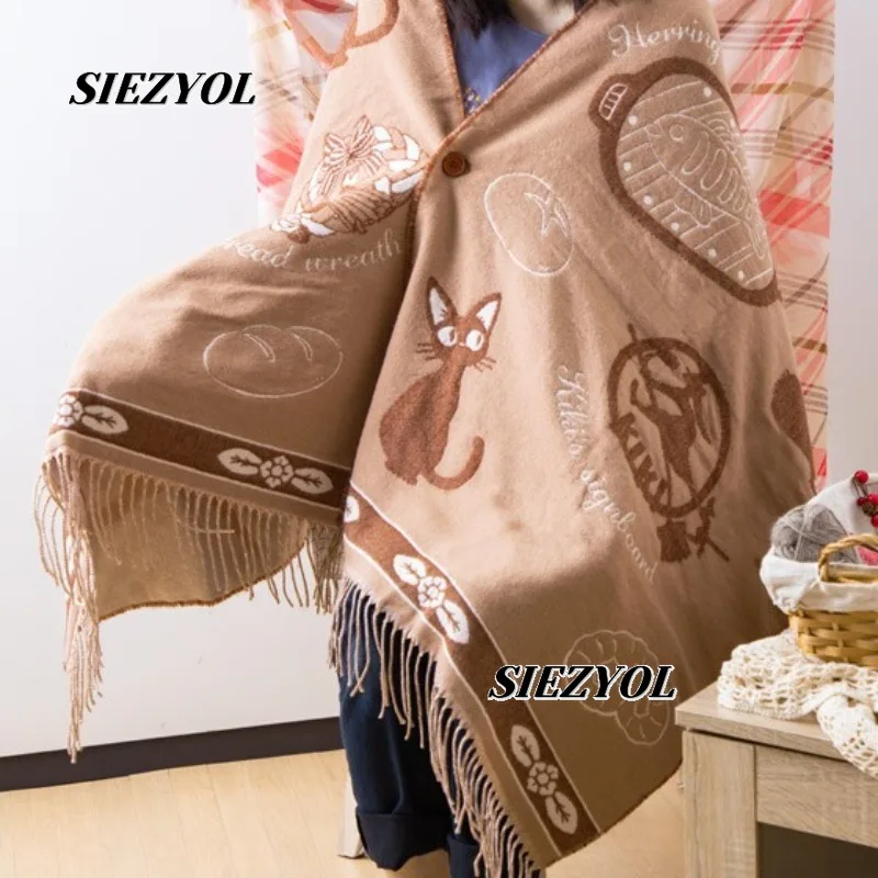 Fashion Scarf Shawl for Women Winter Warm Sweet Cute Girl Thickened Japanese Versatile Cartoon Printed Scarves with Buttons
