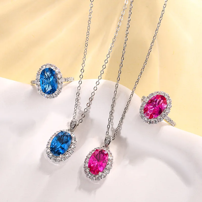

Jewelry set with gold-plated copper base, blue spinel and red ruby, simple design, main stone 8*12